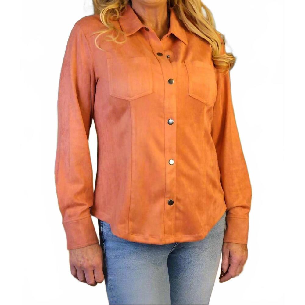 NEW WAY suede snap front shirt in tawny orange